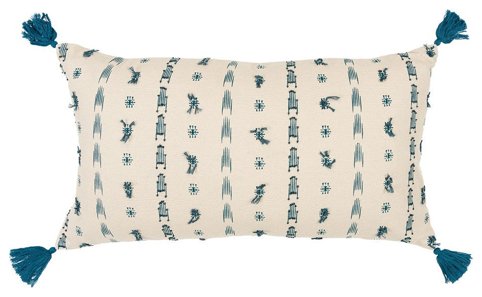Teal Beige Tribal Inspired Tasseled Lumbar Pillow