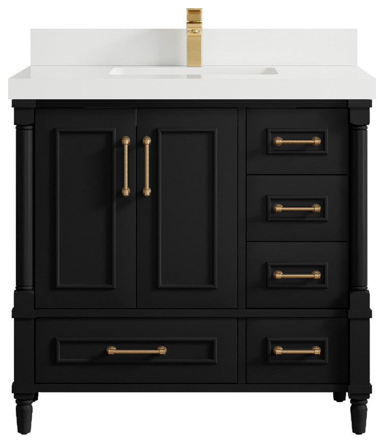 Aberdeen 36 Center Sink Bath Vanity in Black 2" White Quartz