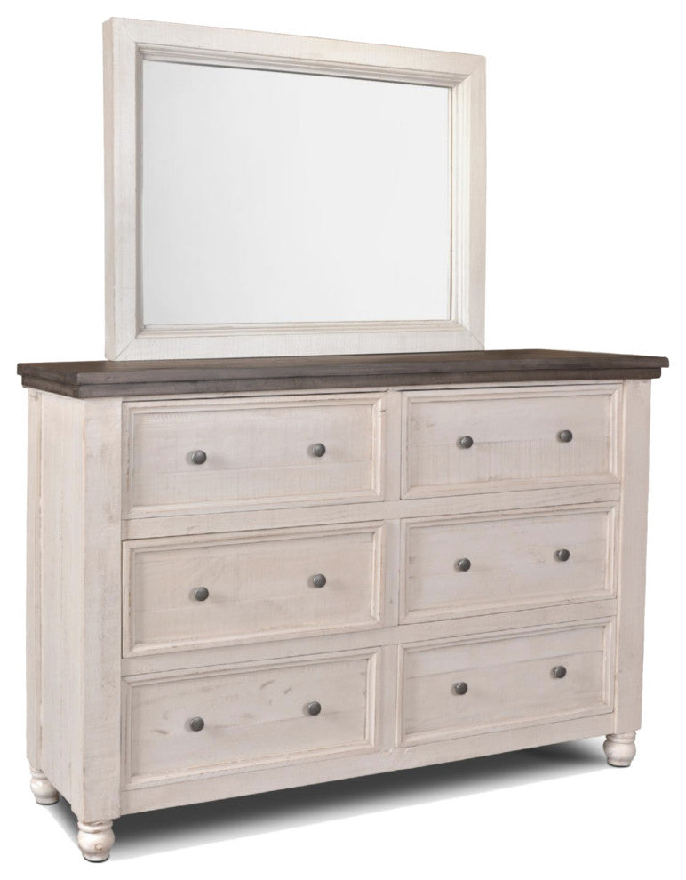 6 Drawer Double Dresser and Mirror Set - Distressed White and Brown Solid Wood