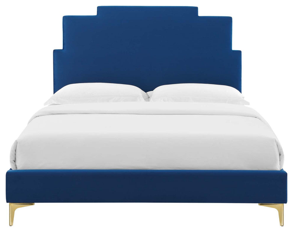 Platform Bed Frame, Full Size, Velvet, Blue Navy, Modern Contemporary, Bedroom