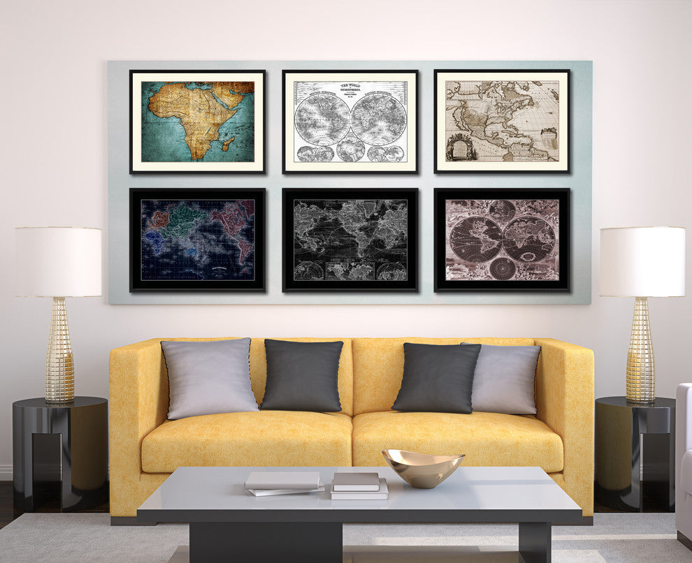 World Hemispheres Vivid Sepia Map Print On Canvas With Black Frame, 16" X 21"