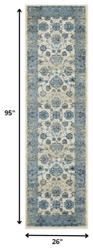 2"x8" Blue Ivory Distressed Oriental Runner Rug