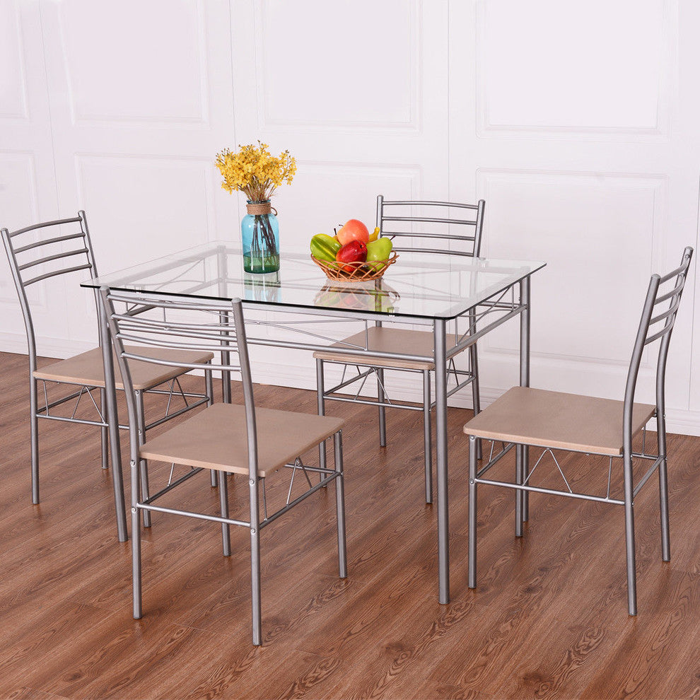 Costway 5 Piece Dining Set Table And 4 Chairs Glass Top Kitchen Furniture