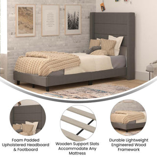 Hollis Upholstered Platform Bed with Wingback Headboard w/Mattress Foundation, Charcoal, Twin