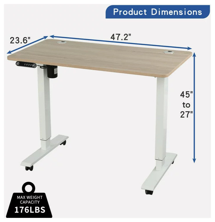 Electric Adjustable Desk, White Iron Legs With Oak Finished Top & Headphone Hook