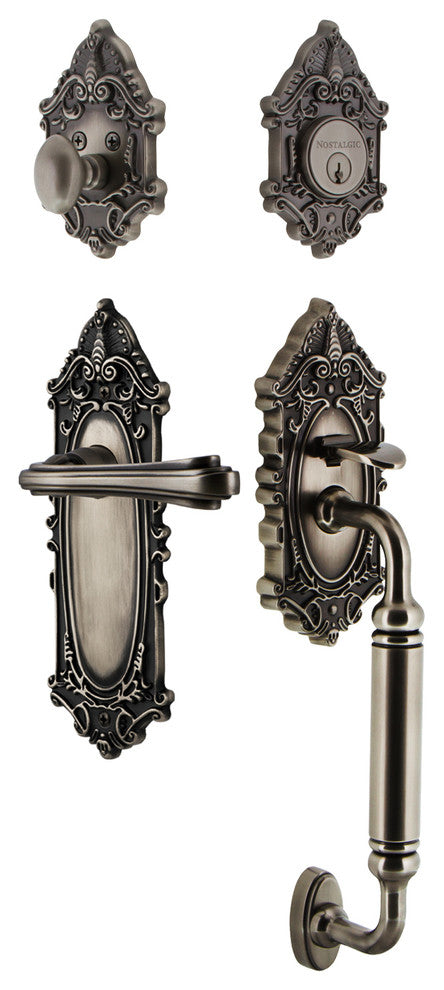 Victorian Plate C Grip Entry Set Fleur Lever, Antique Pewter, 2-3/4", Right