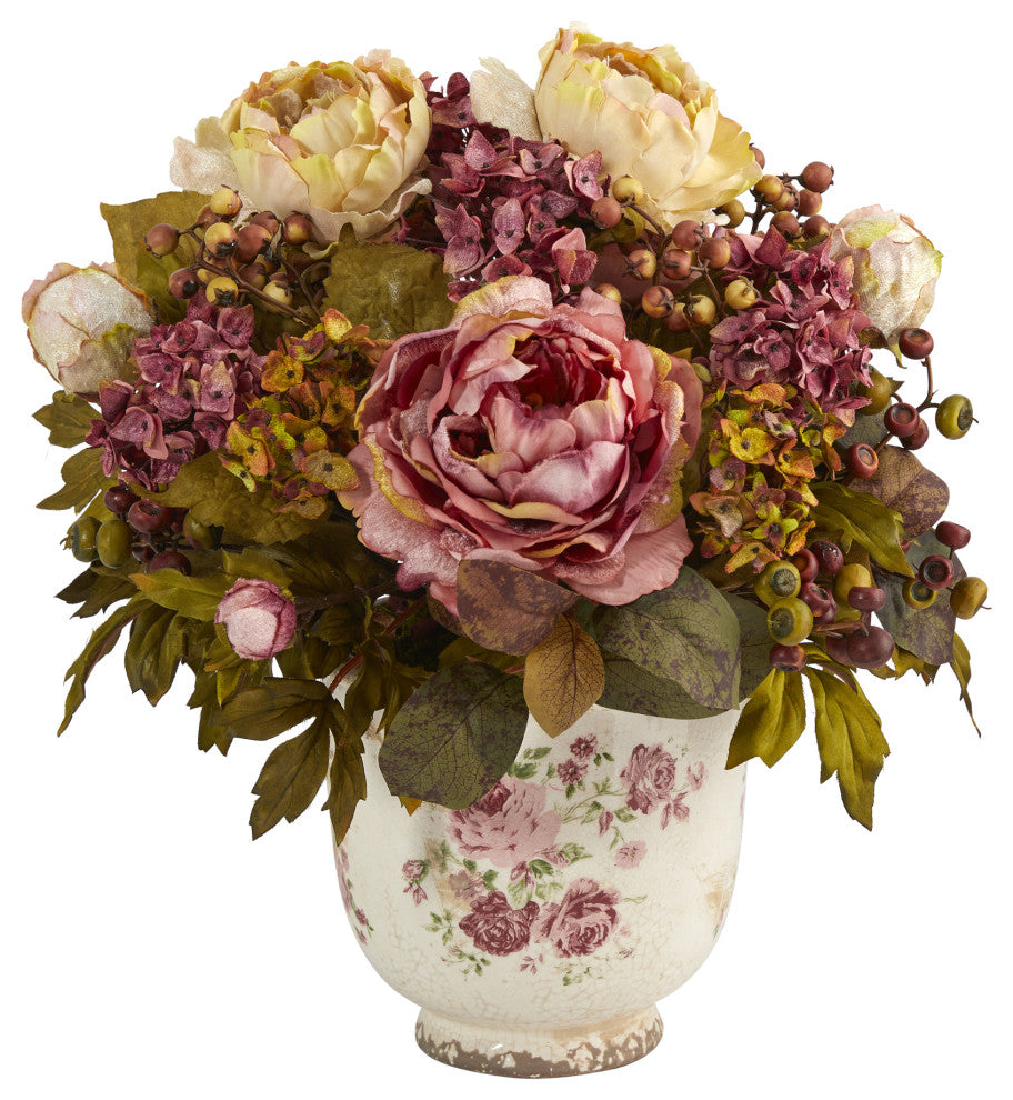16" Peony Artificial Arrangement, Floral Vase