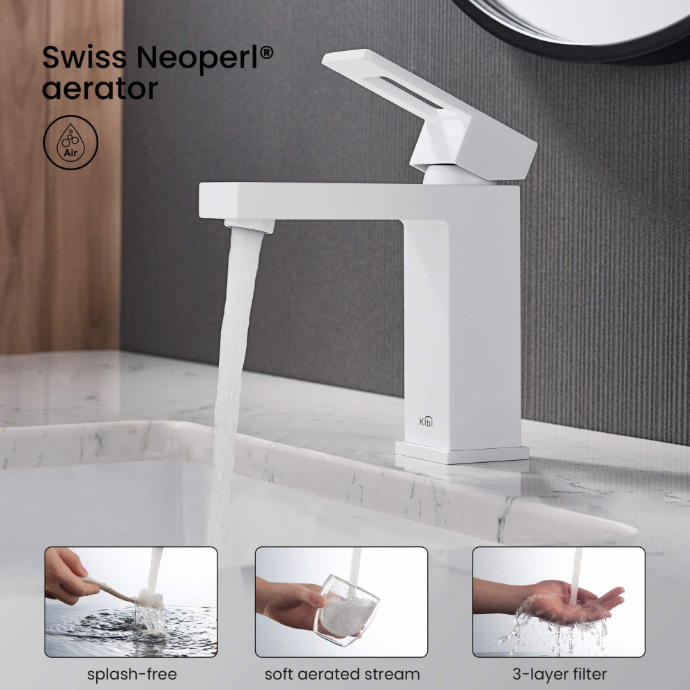 Cubic Single Hole Bathroom Faucet KBF1002, Matte White,, Drain
