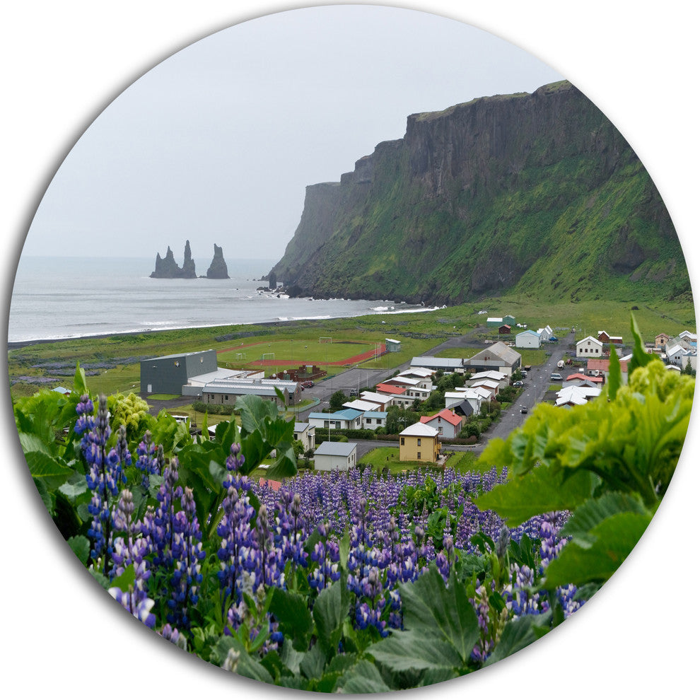 Icelandic Town Vik, Landscape Photography Round Metal Wall Art, 11"