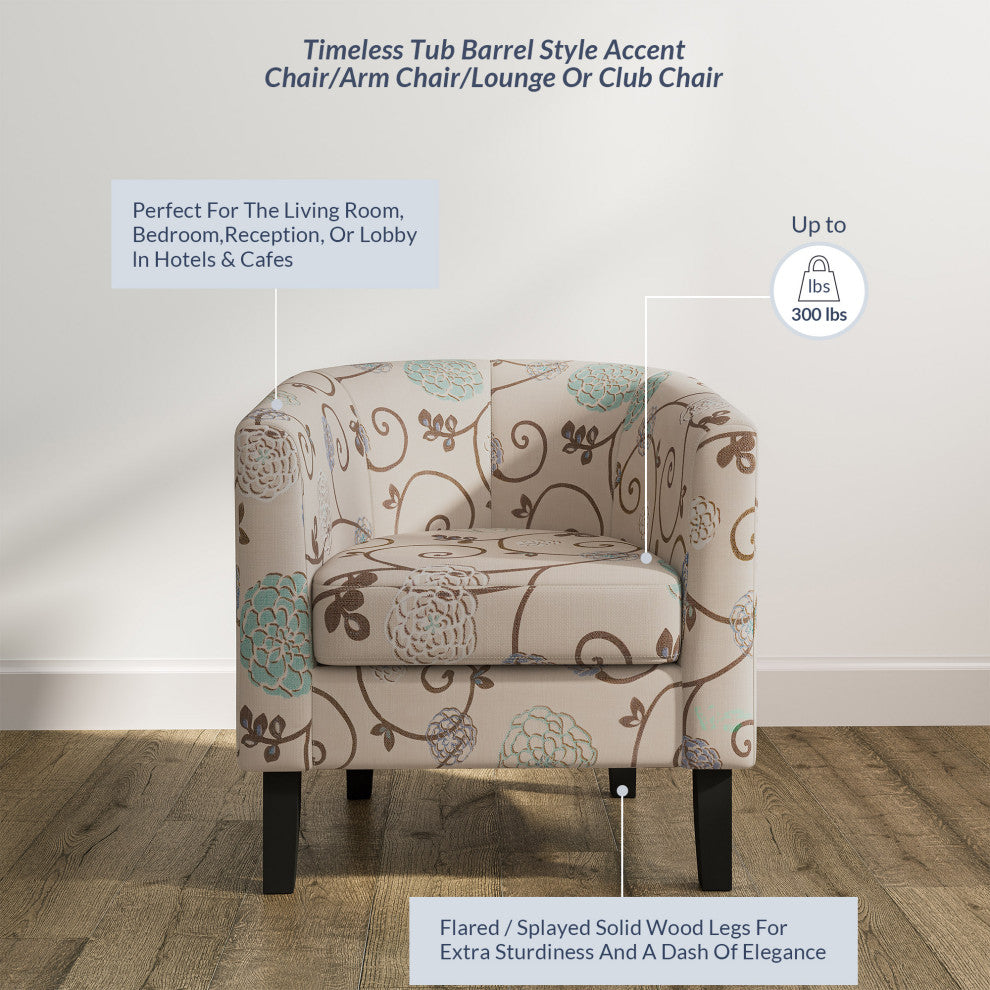 Modern Club Chair Barrel Design, Flower Print