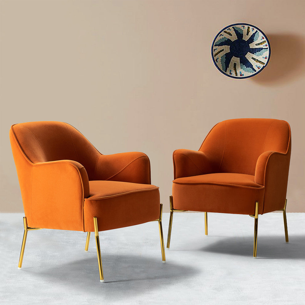 Nora Upholstered Velvet Accent Chair With Golden Base Set of 2, Orange
