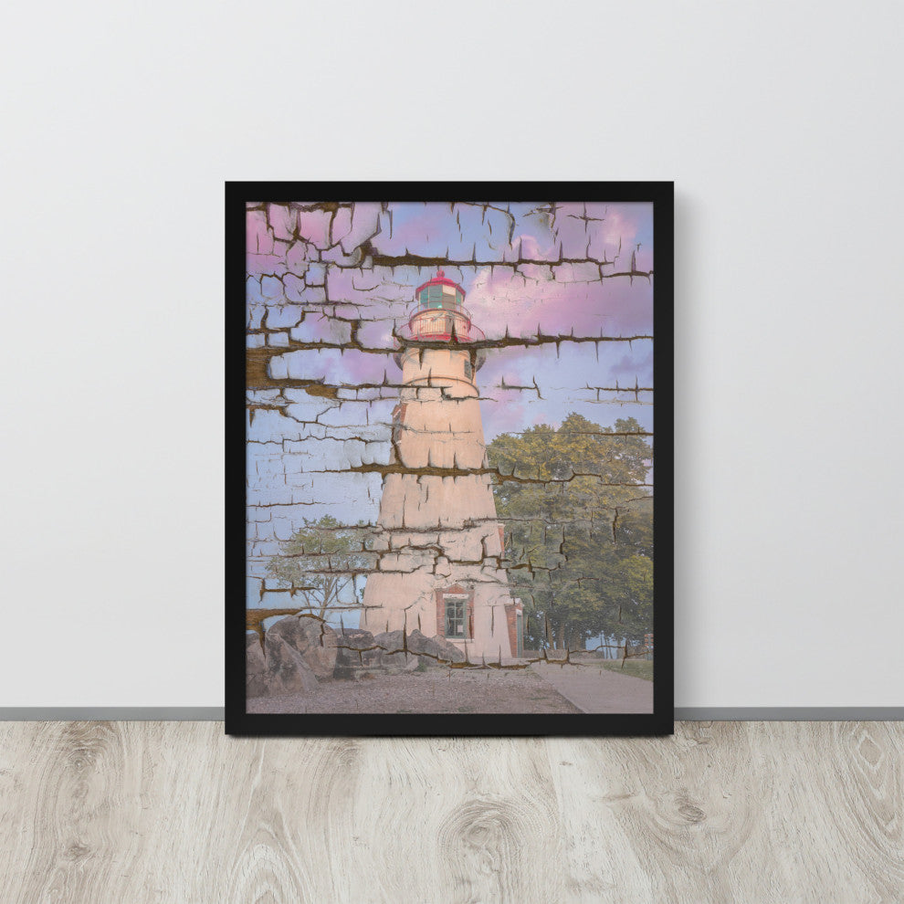 Faux Wood Texture Marblehead Lighthouse at Sunset Framed Photo Wall Art Print, Black, 16" X 20"