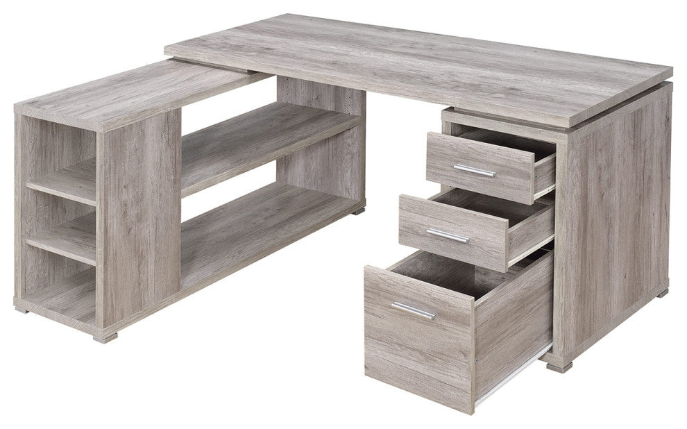 L-Shape Office Desk with 3 Drawers, Gray Driftwood