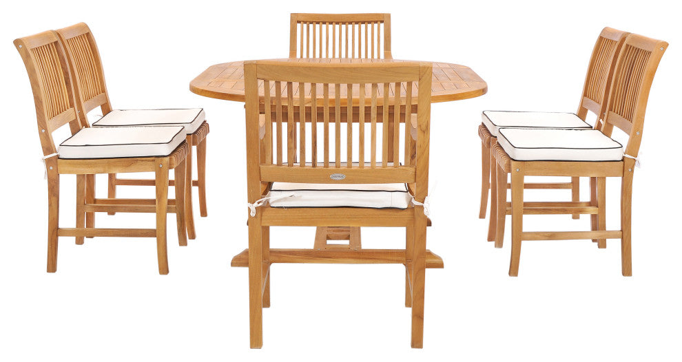 7 Piece Teak Wood Castle Patio Dining Set with Round to Oval Extension Table