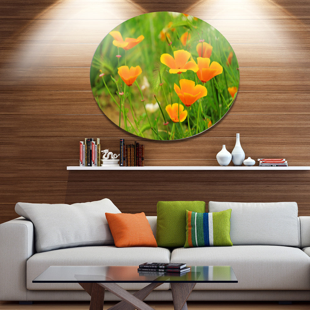Bright Yellow Poppy Flowers, Floral Disc Metal Wall Art, 23"