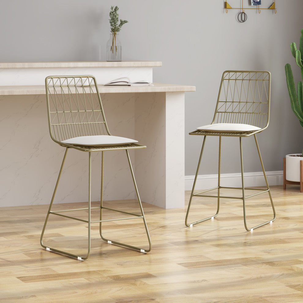 GDF Studio Lilith Indoor Wire Counter Stools with Cushions, Set of 2, Light Brass