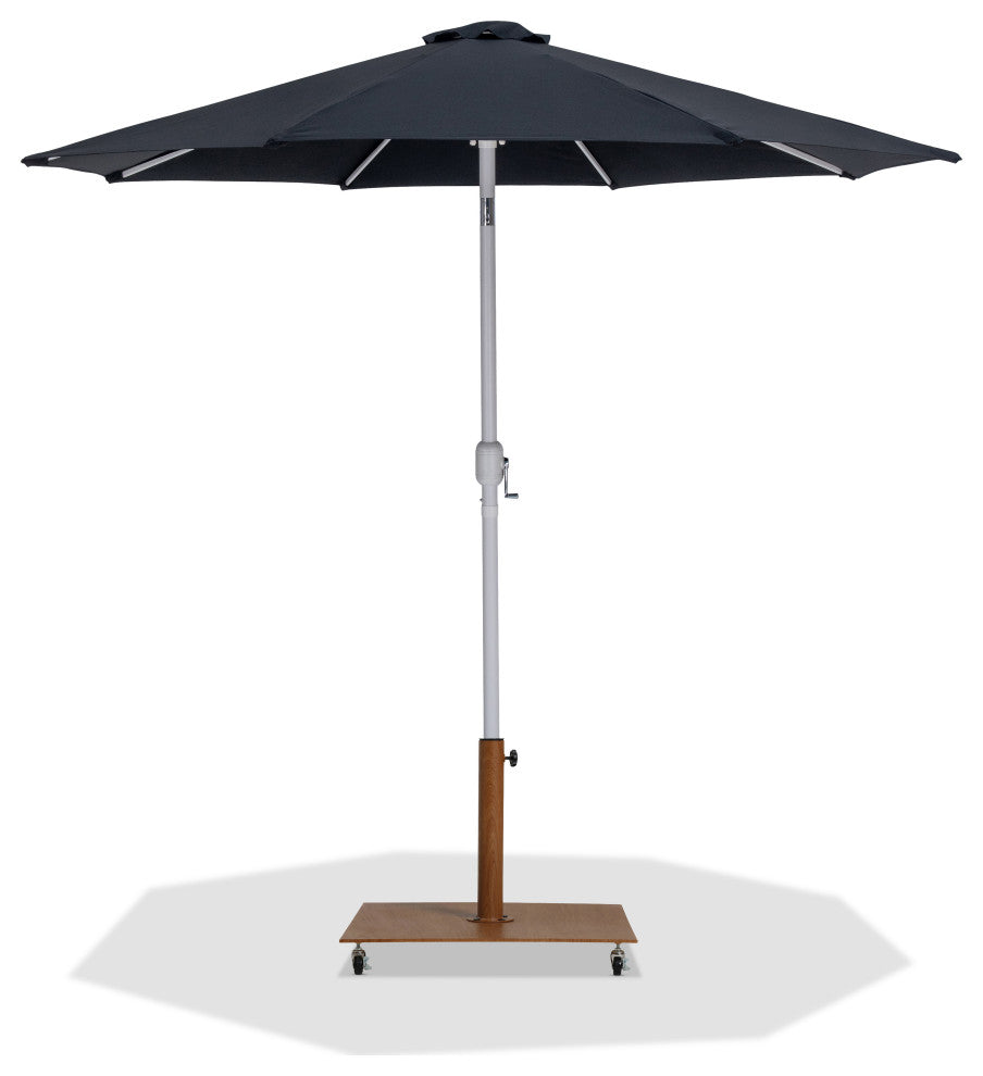 Fiji Patio Umbrella and Base, Black, Matte White Pole, Teak Belize Base