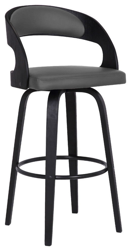 Shelly 26" Counterstool, Black Brush Wood Finish & Gray Faux Leather, Counterstool