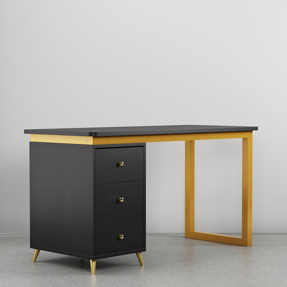 Modern 55" Black Wooden Home Office Writing Desk with Drawers in Gold