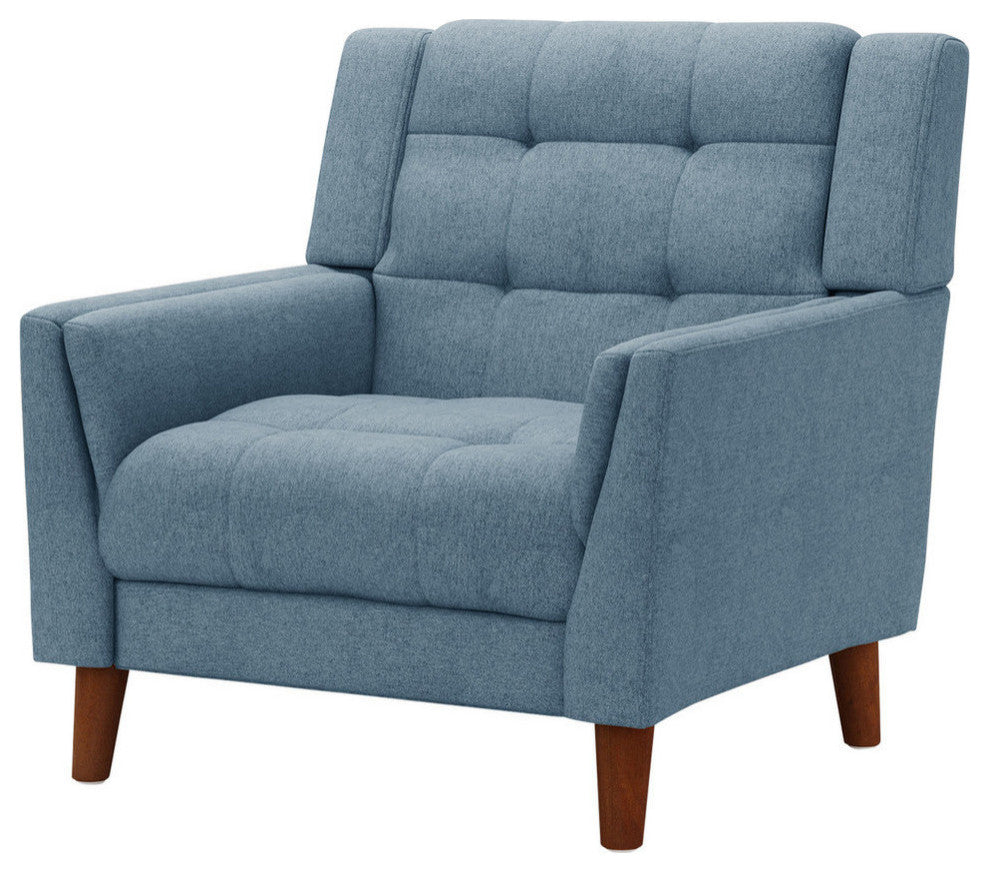 GDF Studio Evelyn Mid-Century Modern Fabric Arm Chair, Blue/Walnut