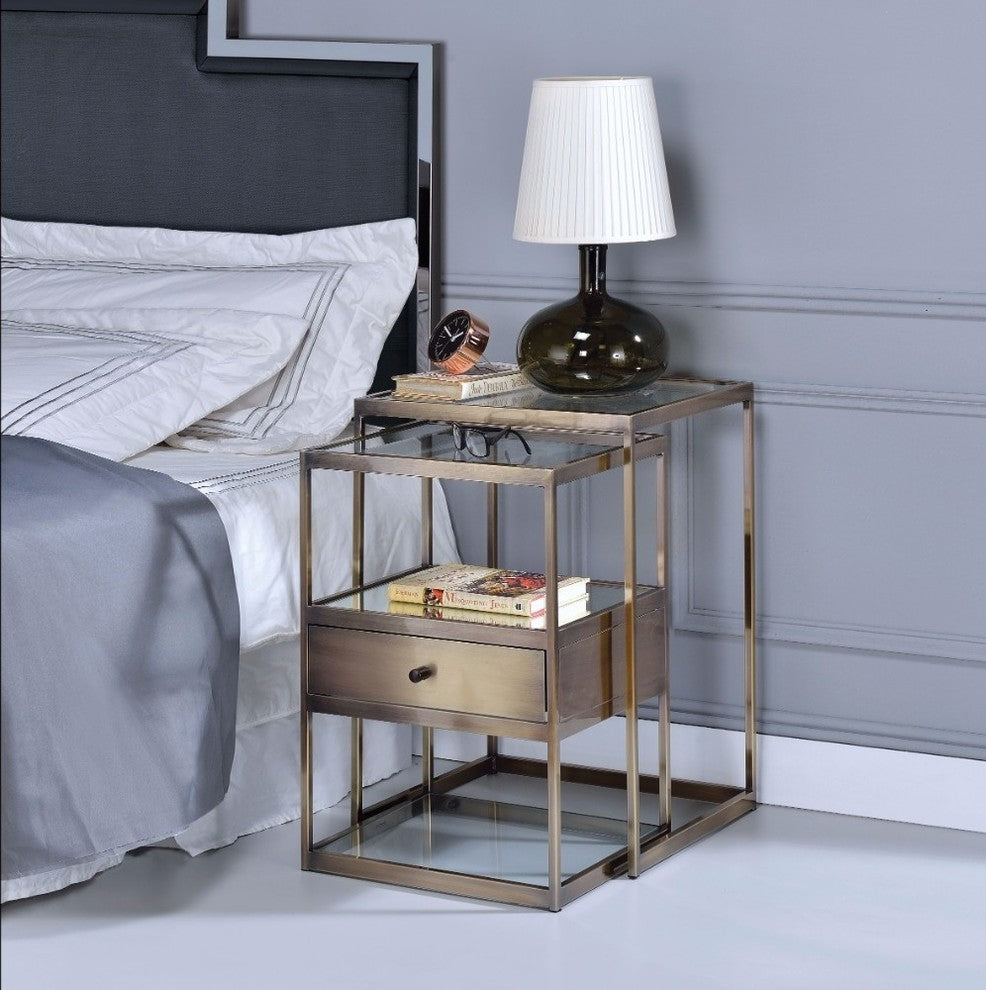 Benzara BM157311 Metal And Glass 2 Piece Nesting Table Set, Brown & Clear