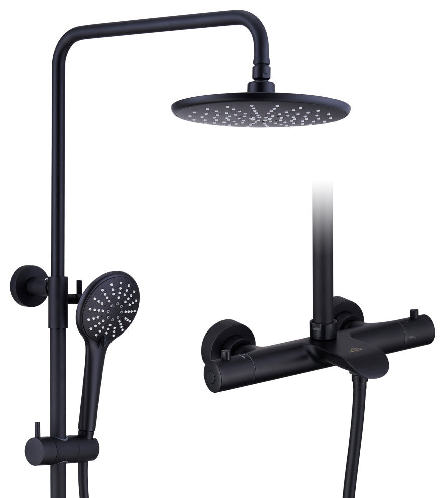 Thermostatic Round Shower Faucet Dual Head Waterfall Shower Bar System, Matte Black