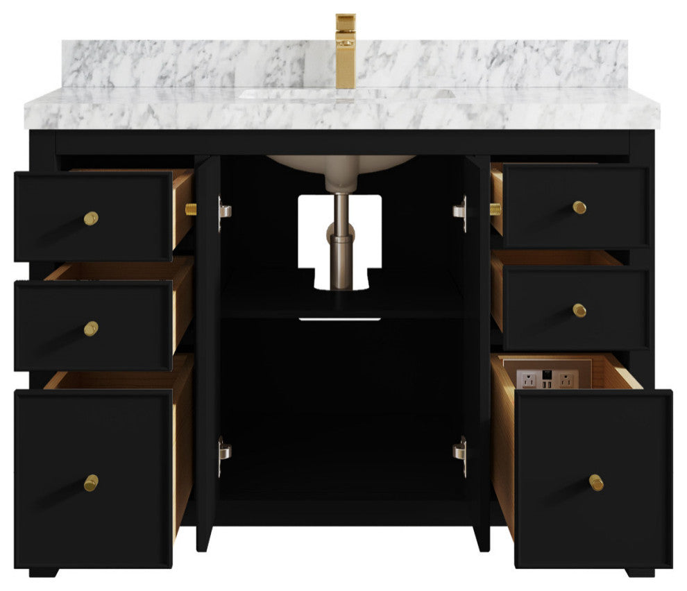Chicago 48" Single Sink Bathroom Vanity, Black 2" Carrara Marble