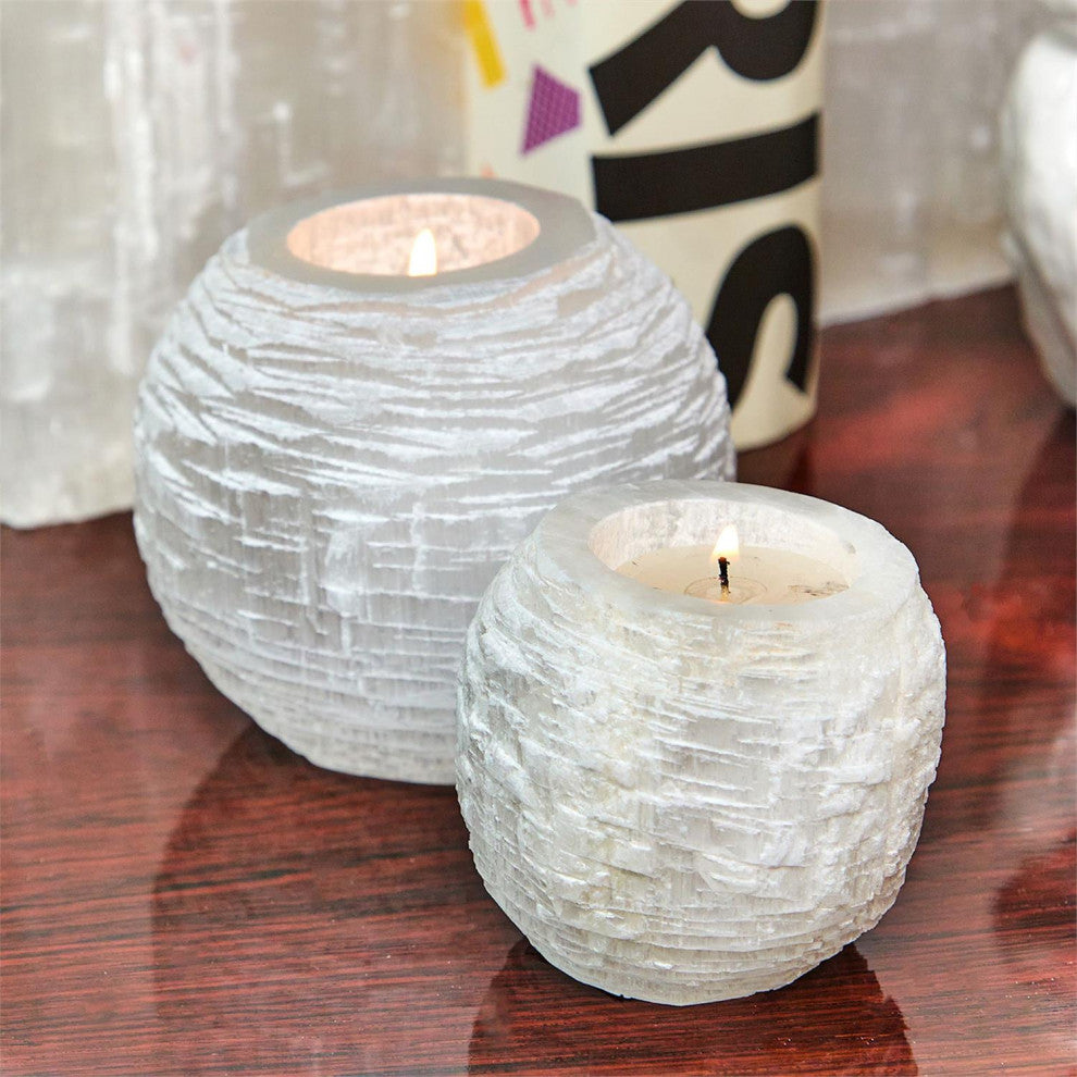 Two's Company Glaciers Set of 3 Selenite Crystal Sphere Candleholders