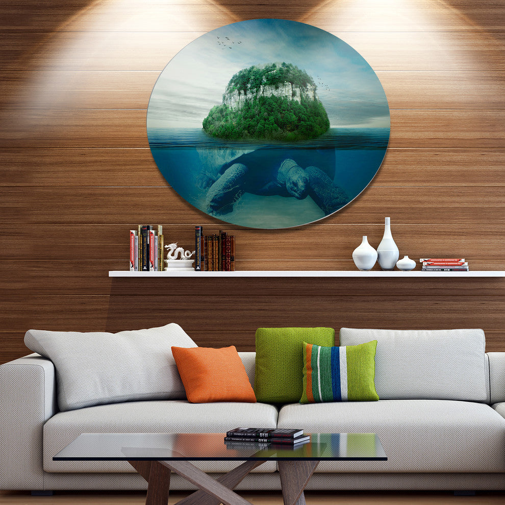 Giant Turtle Carrying Island, Abstract Disc Metal Artwork, 11"