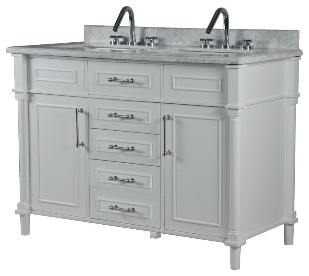 48" Double Vanity, White With White Carrara Marble Top