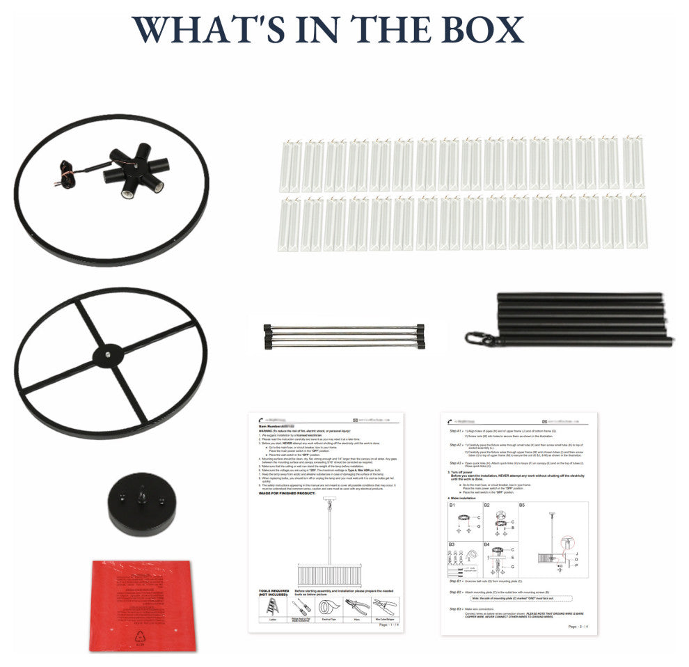 LNC Elvira 6-Light 23.6" Modern Drum Crystal Chandelier, Matte Black