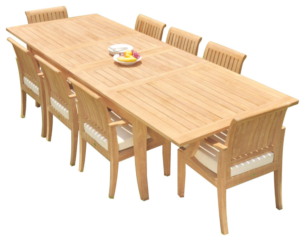 9-Piece Outdoor Teak Dining Set 122" X-Large Rectangle Table, 8 Lagos Arm Chairs