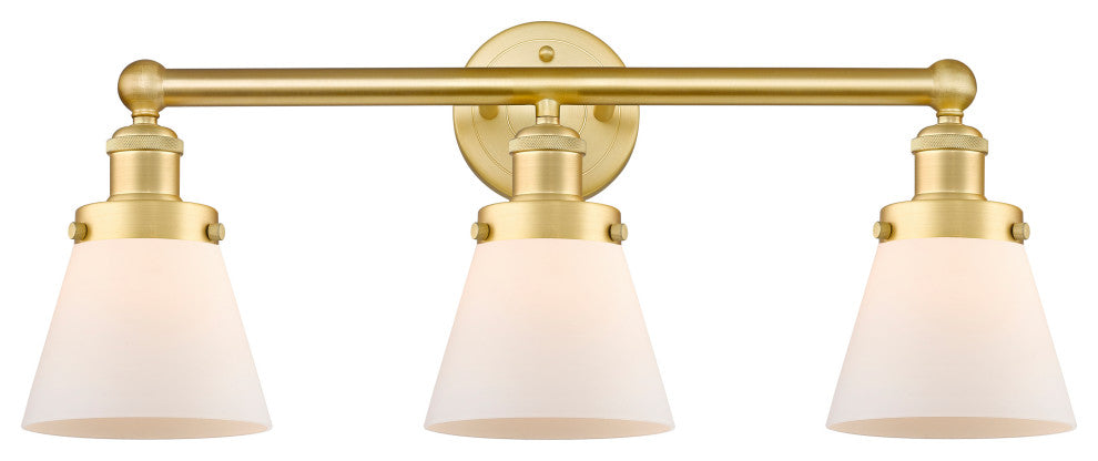 Edison Small Cone 3-Light 25" Vanity Light, Satin Gold Finish, Matte White Shade
