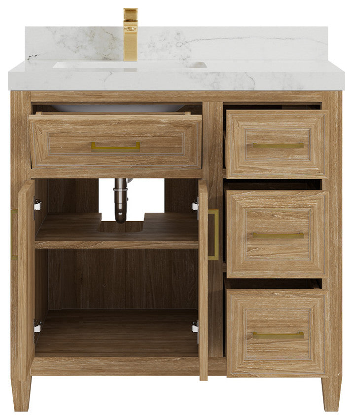 Santa Monica 36 Left Offset  Bath Vanity in Whitewashed Teak 2" Calacatta Nuvo