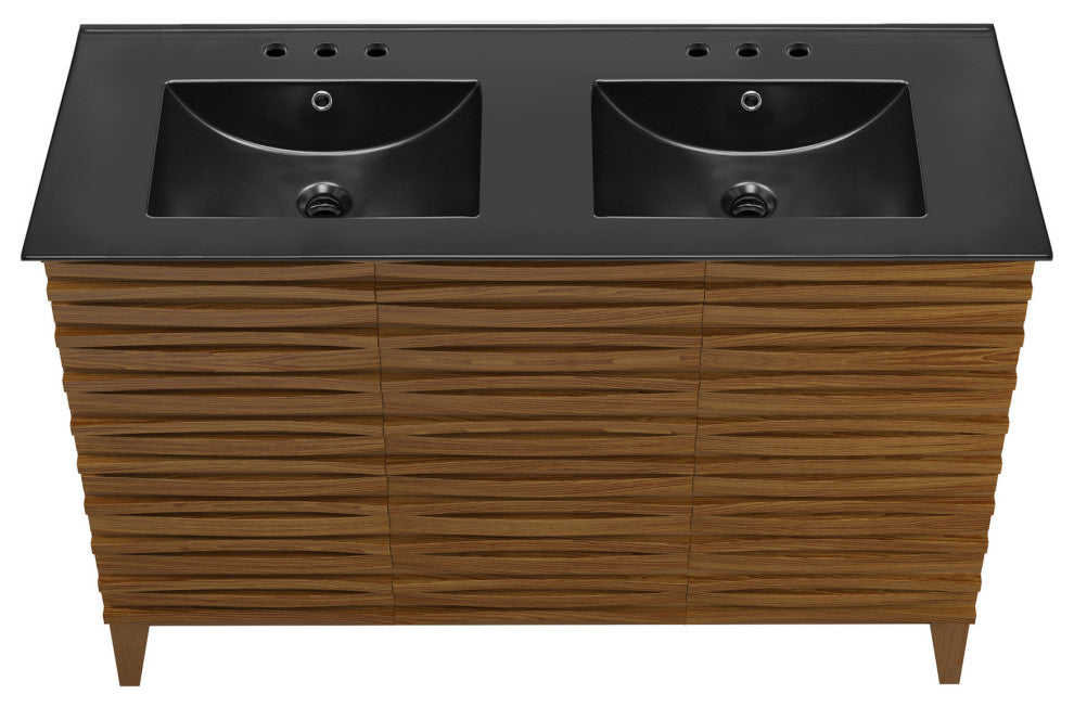 Cascade 48" Brown Oak, Bathroom Vanity With Black, 3-Hole Sink Top