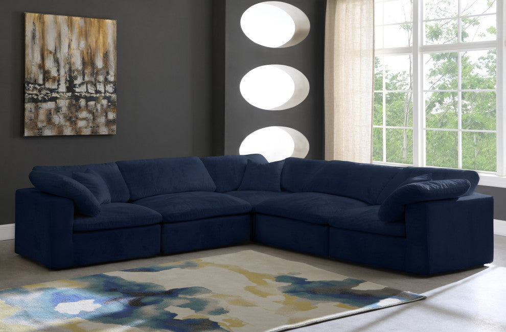 Cozy Velvet Upholstered Comfort L-Shaped Modular Sectional, Navy, 5-Piece: 2 Armless Chair, 3 Corner Chair