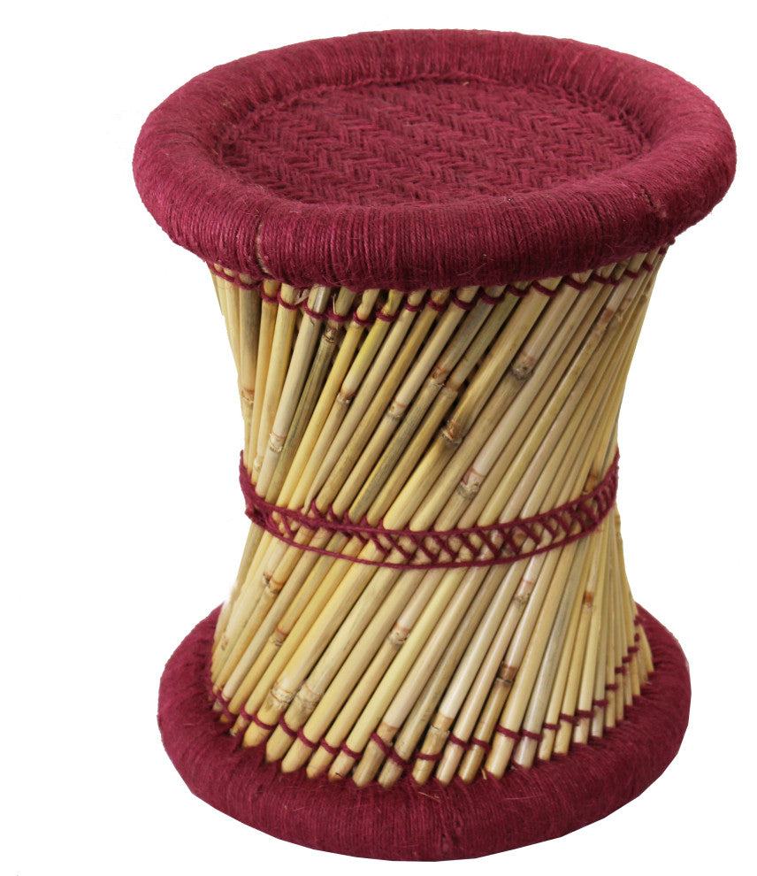 Natural Geo Moray Decorative Handwoven Jute Accent Stool, Maroon