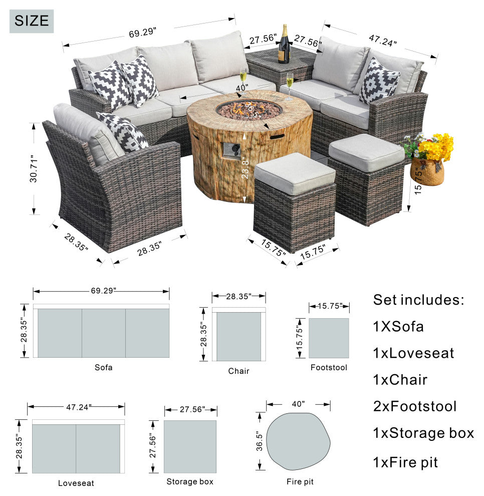 7-piece Patio Wicker Garden Chat Sofa Set with Fire pit and Storage Box, Round
