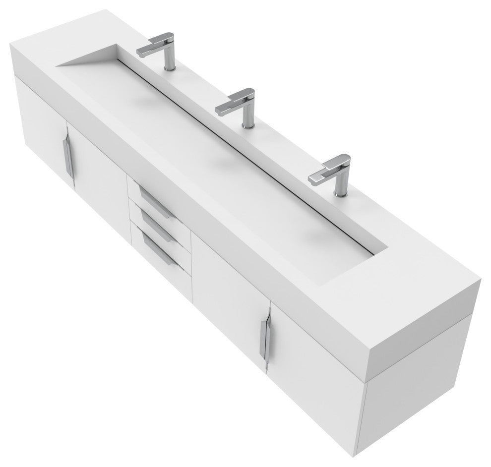 CastelloUSA Nile 84" Wall Mounted Bathroom Vanity Set, White, White Top, Brushed Nickel