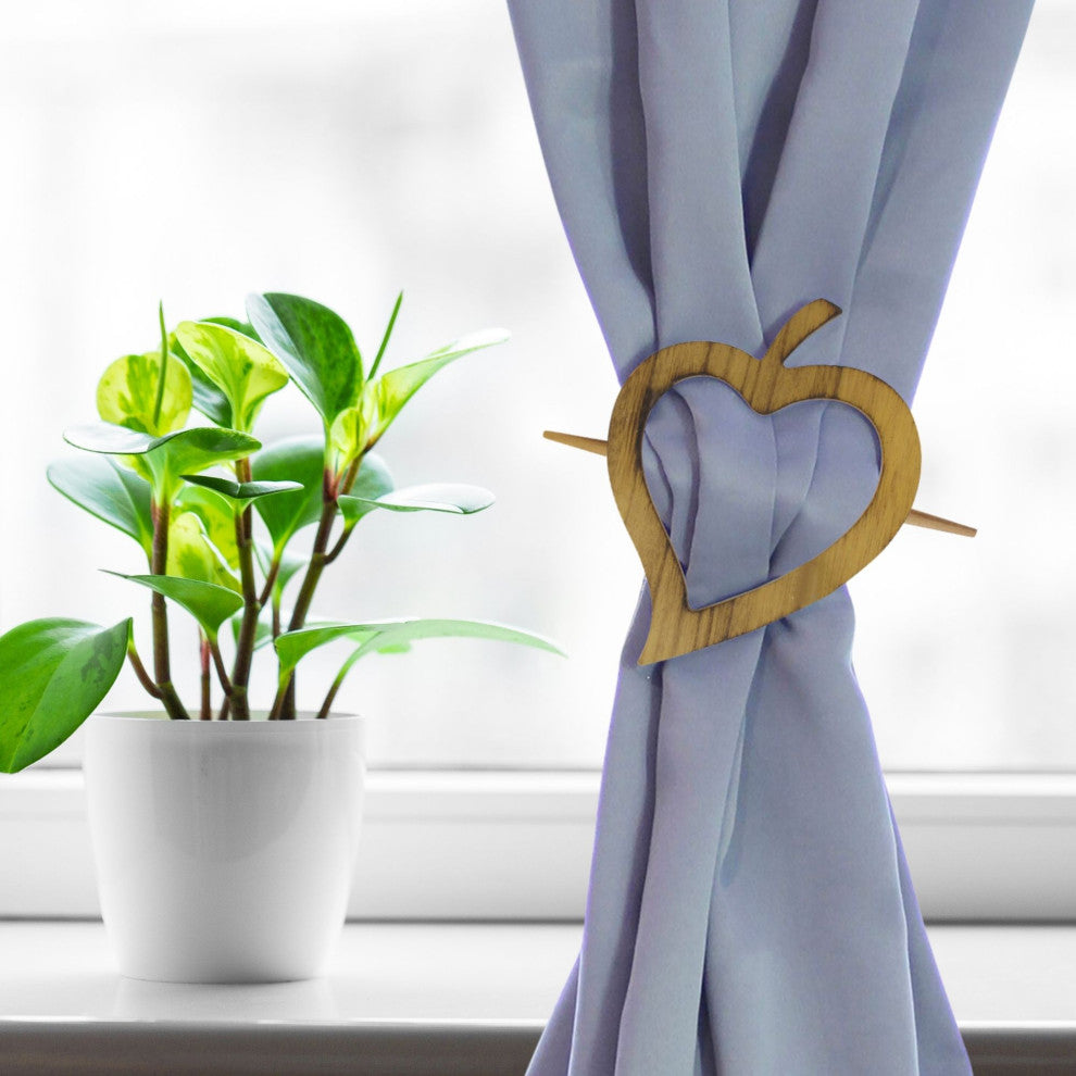 Wooden Heart Curtain Tieback "“ Decorative and Functional Design, Natural, Pack of 2