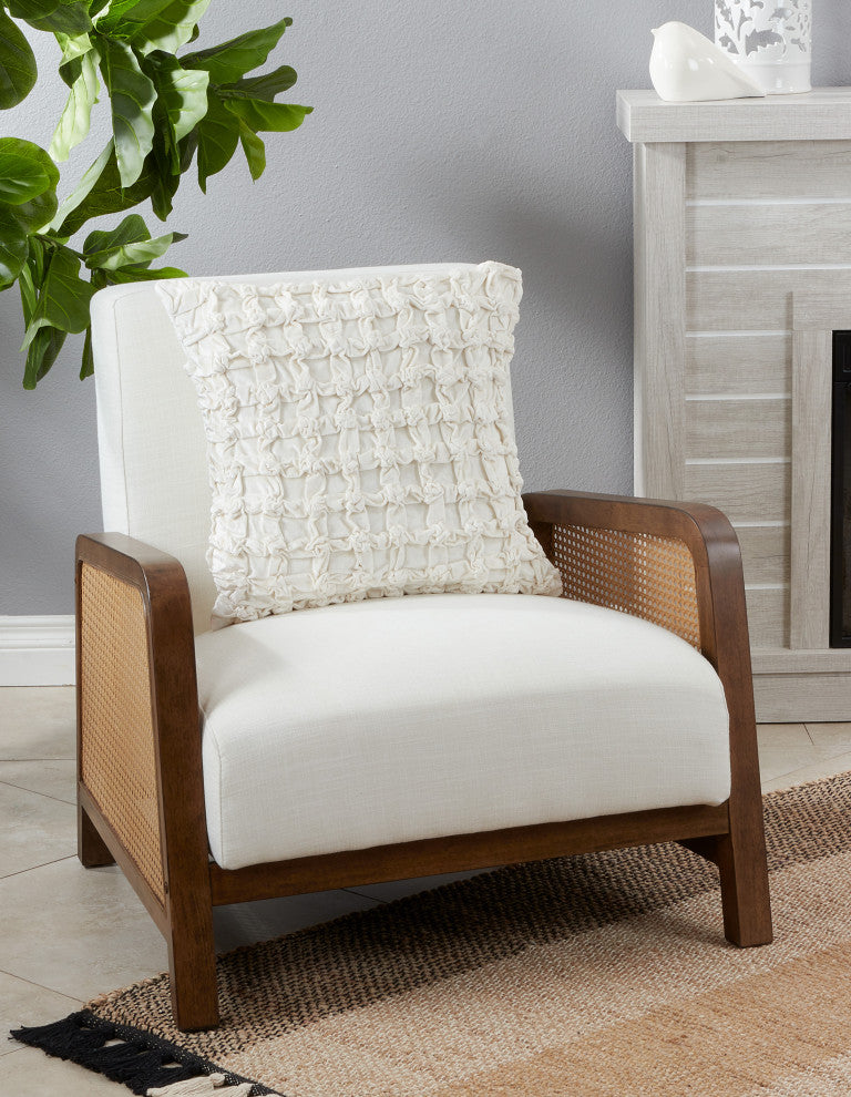 Smocked-Velvet Design Throw Pillow, Ivory, 20"x20", Down Filled