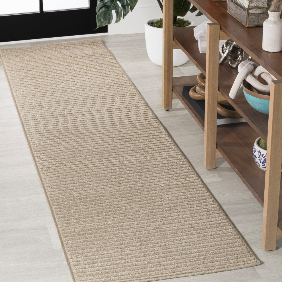 Aarhus High-Low Scandi Striped Beige/Cream 2 ft x 8 ft Indoor/Outdoor Runner Rug