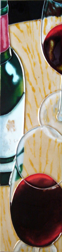 4x16" 2 Wine Glasses and Bottle Wall Decor Ceramic Art Tile