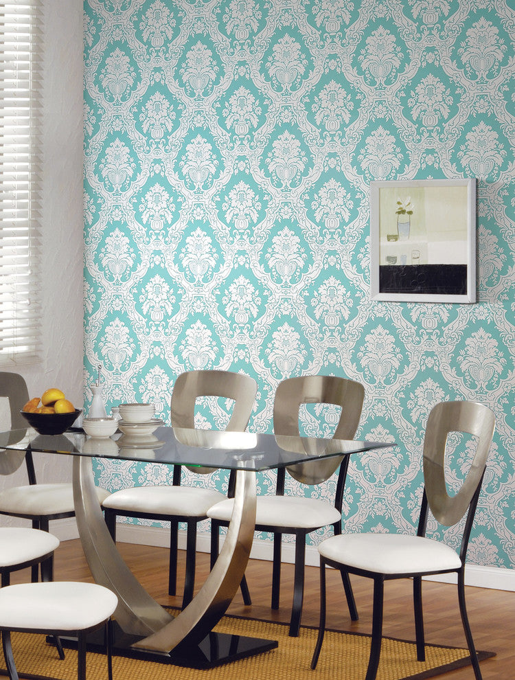 Mikado Damask Wallpaper, Teal, Bolt