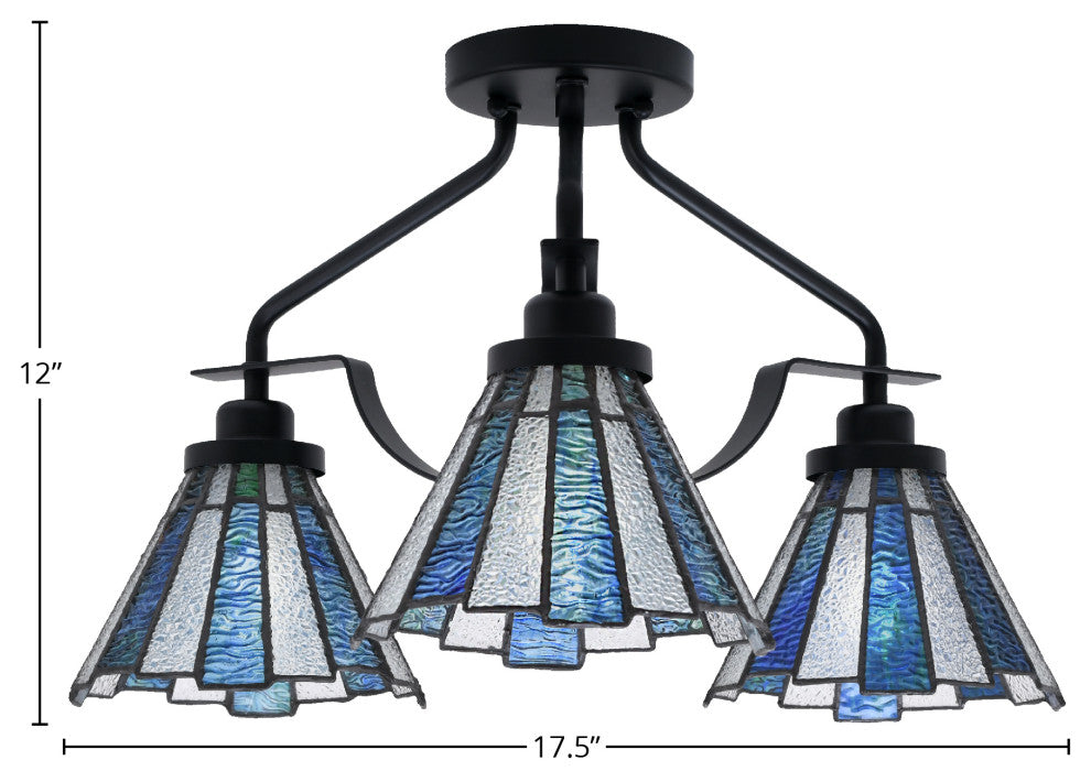 Odyssey 3 Light Semi Flush Mount In Matte Black Finish With 7" Sea Ice Art Glass