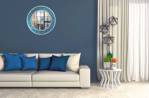 24" Decorative Round Glass Mosaic Wall Mirror, Ocean Blue