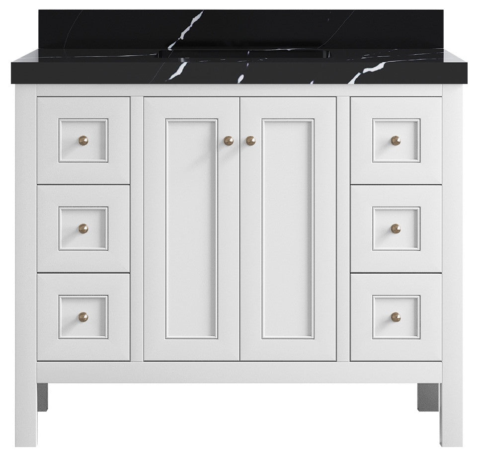 Nashville 42" Single Sink Bath Vanity, White 2" Calacatta Black
