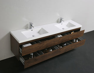 MOB 84" Double Sink Wall Mounted Vanity, Acrylic Sink, Rosewood