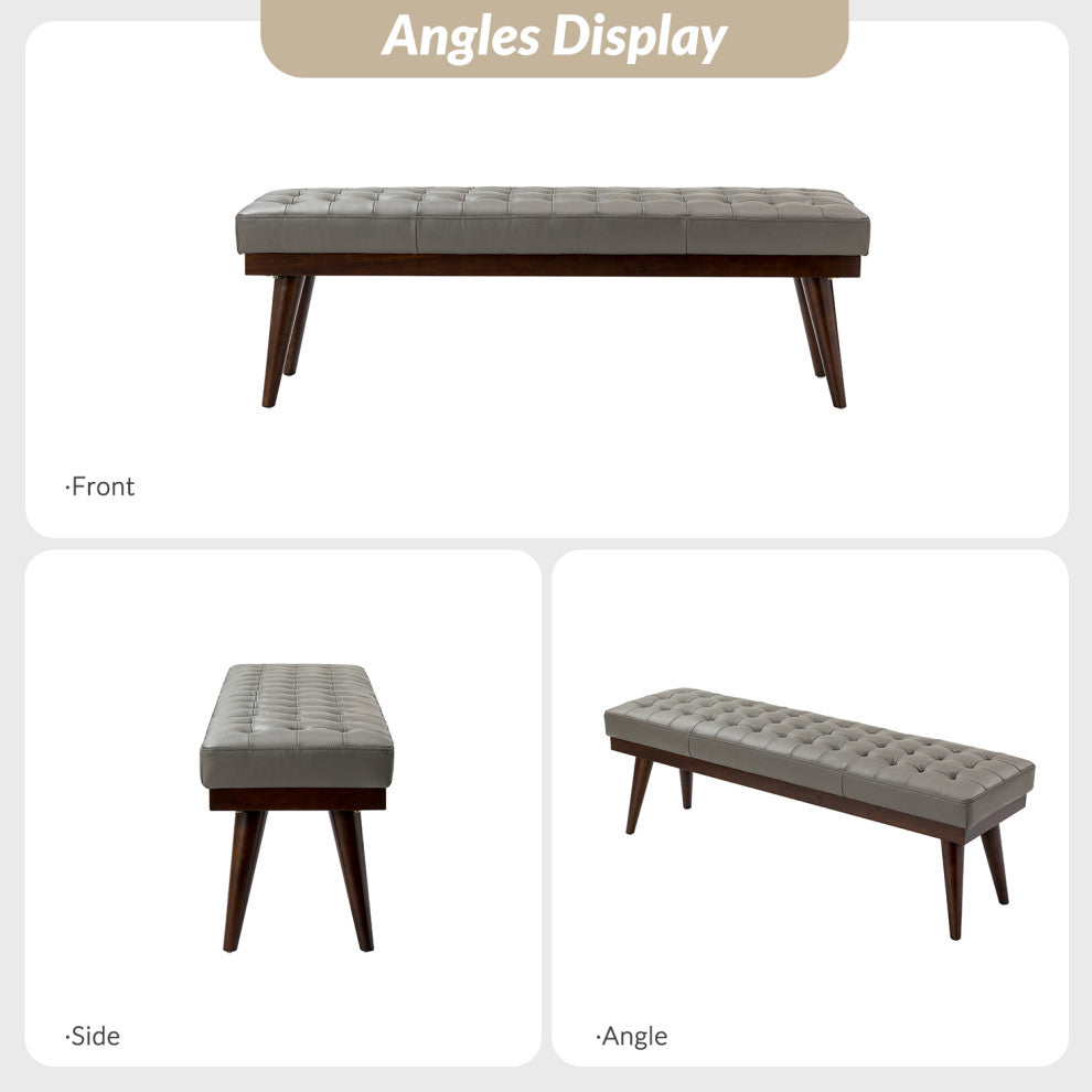 55.5"W Genuine Leather Bedroom Bench, Gray