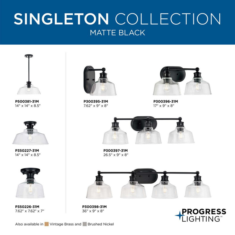 Singleton 2-Light 17" Matte Black Farmhouse Vanity Light With Clear Glass Shades